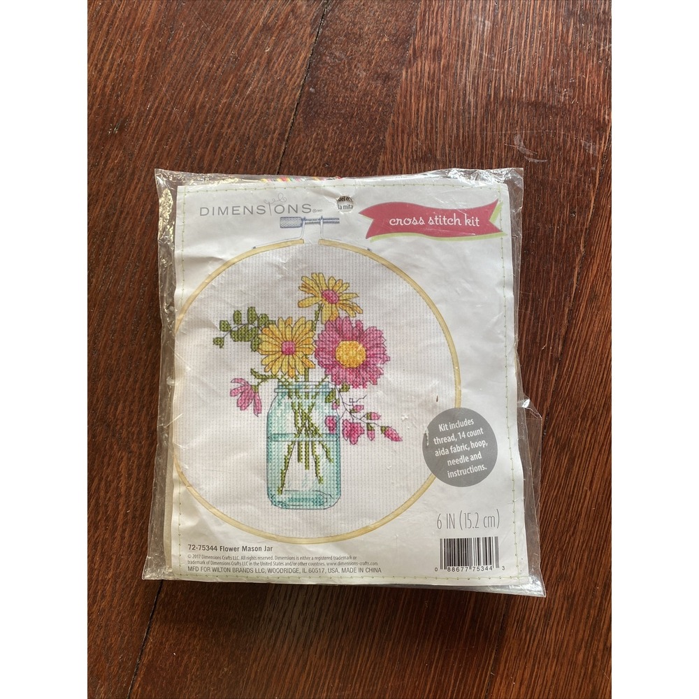 Dimensions Cross Stitch Kit Flower Mason Jar 6" Hoop 72-75344